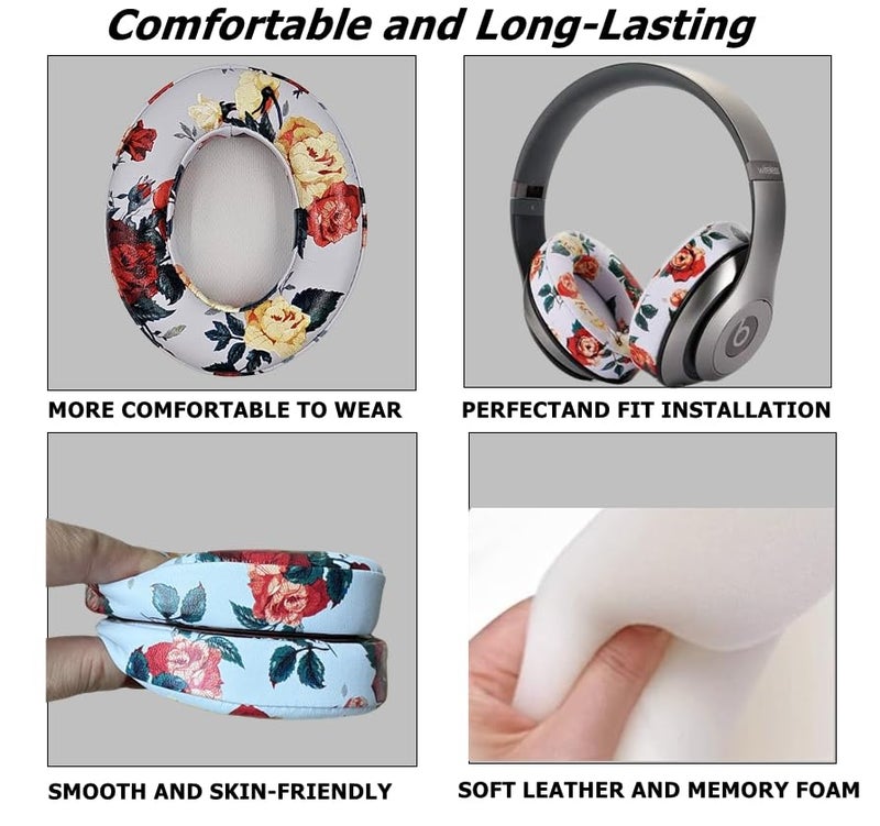 cipher.v Replacement Ear Cushion Pads Cover Compatible with Beats Studio 2.0 and Studio 3.0 Over Ear Headphones 1 Pair(Floral White) - Image 3